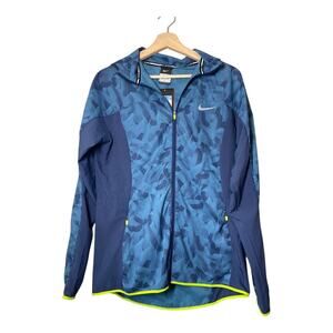 Nike Running Jacket Blue Print Size Medium Womens Windbreaker Hooded Zip Pockets
